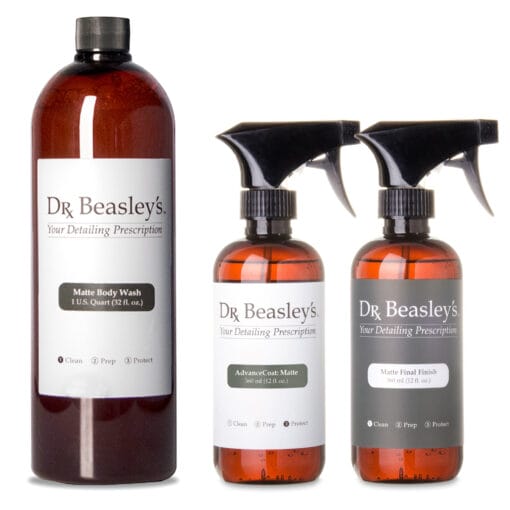 Image of Matte Maintenance Kit, from left to right; one bottle of Matte Body Wash, AdvancedCoat: Matte, and Matte Final Finish.